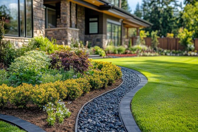 Curved flowerbeds and a green lawn in front of a home